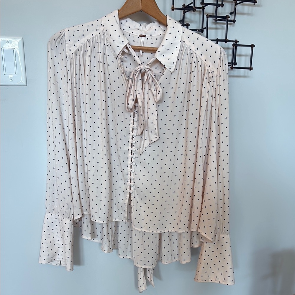 Free People Cream Blouse with Bib Collar and Tie Front